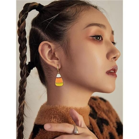 WOWORAMA Candy Corn Earrings | Sparkly Halloween Hoop Drops. - Picture 3 of 6